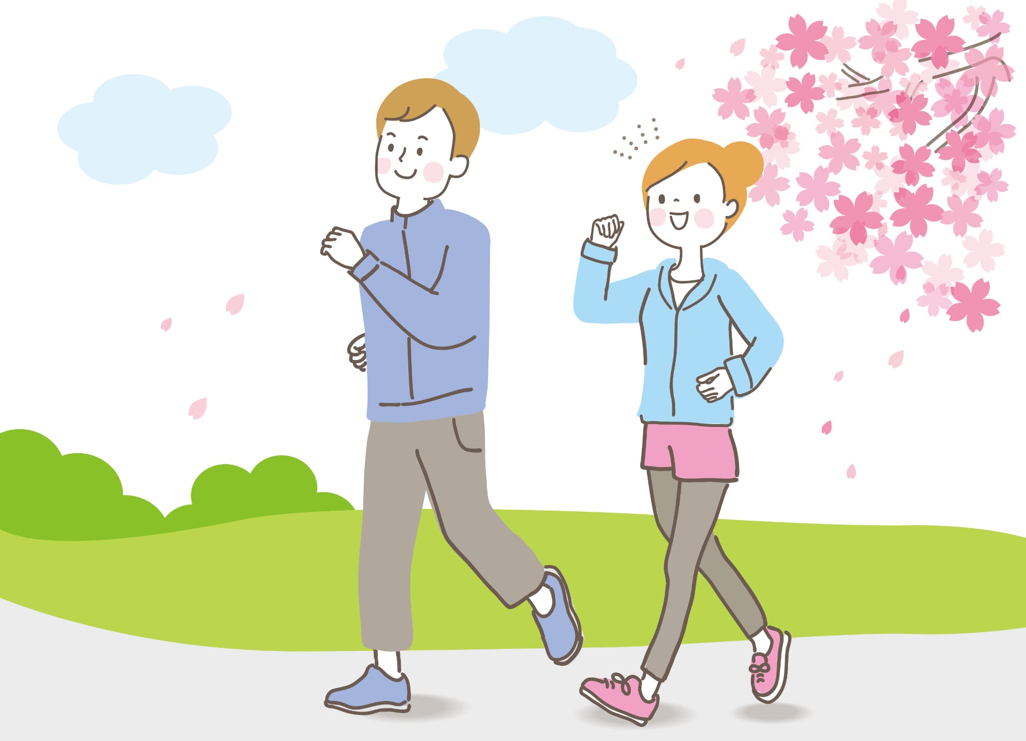 桜を見ながらウォーキングをするカップルのイラスト